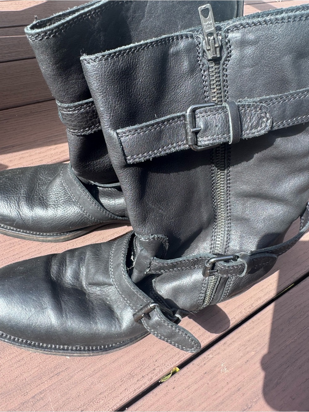 Women’s Frye Black Leather Zip Harness Boots
